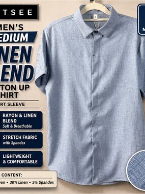 TSE Men’s Light Blue Short Sleeve Linen-Blend Button-Down Shirt